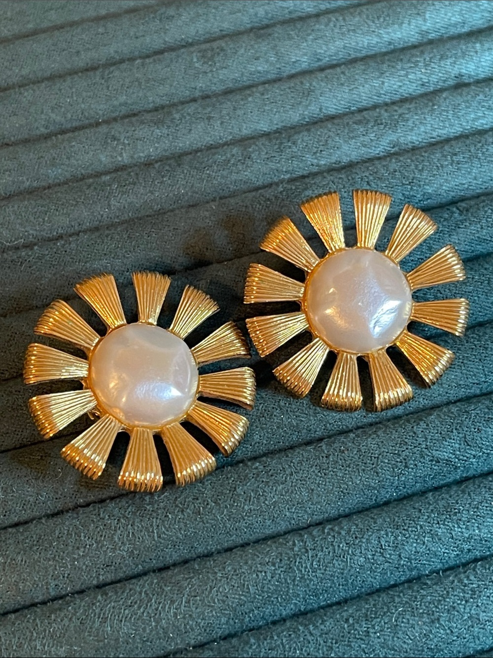 Vintage St. John Faux Pearl Oversized Sunburst Statement Clip-on Earrings